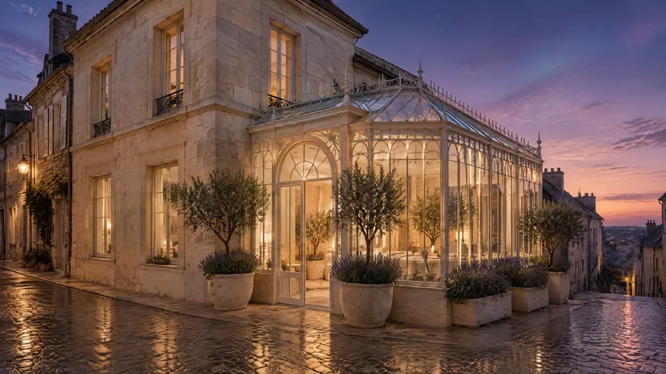 A limestone corner building joined to a glass conservatory, glowing at dusk
