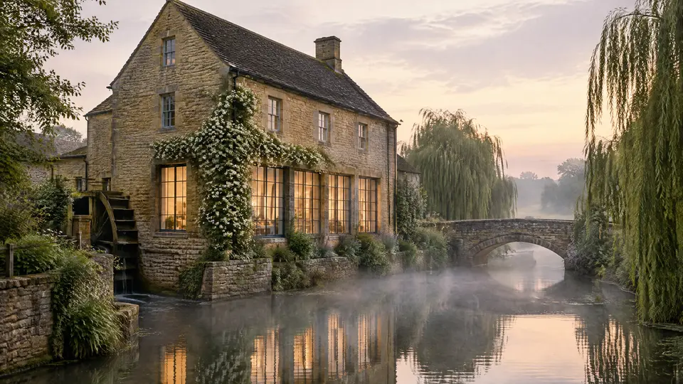 A converted stone watermill on a misty millrace in early morning