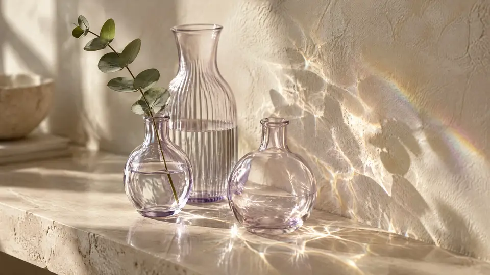 Hand-blown glass vessels on travertine, light and colour on the wall