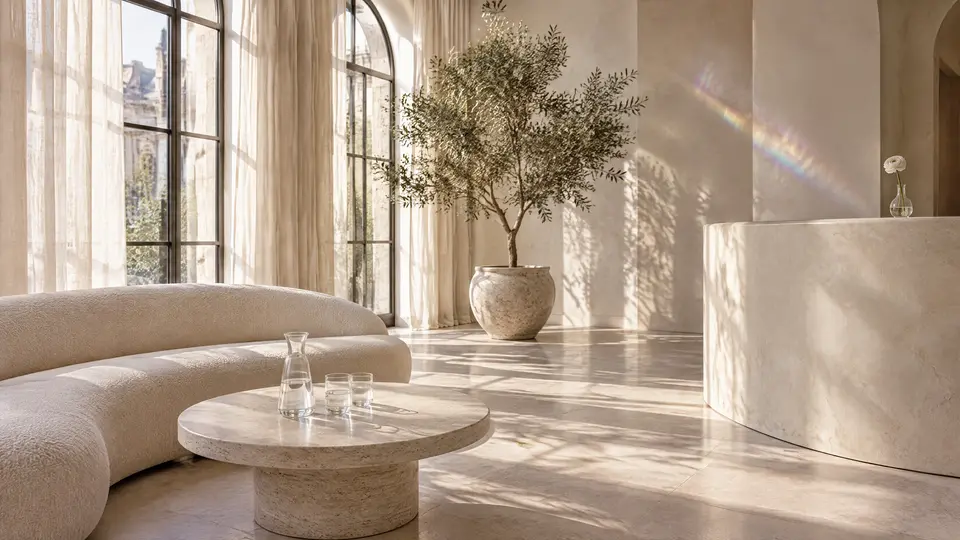 Reception lounge with a curved sofa, travertine table and arched windows