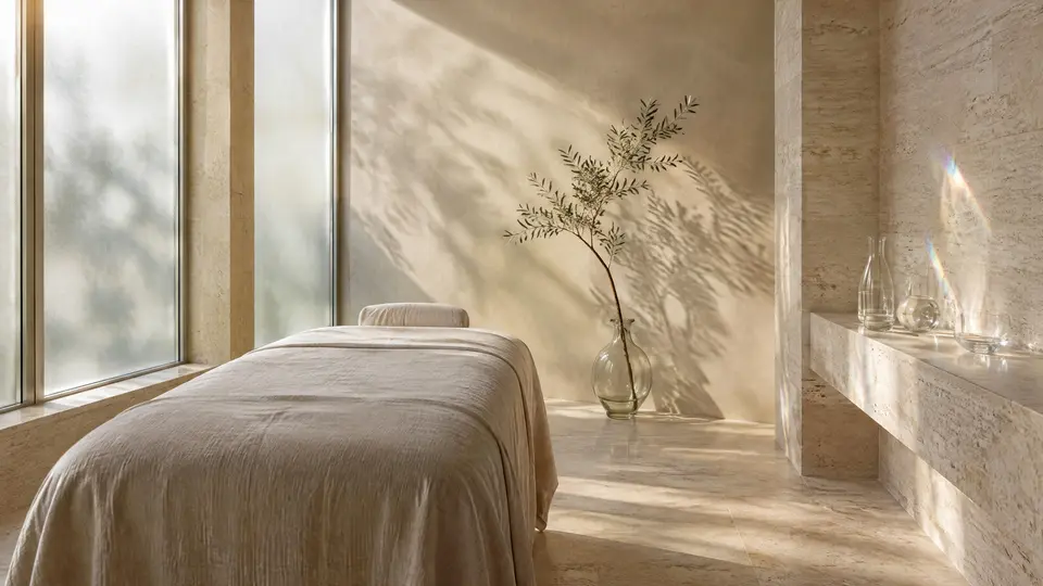 A quiet treatment room in morning light, linen bed and frosted windows