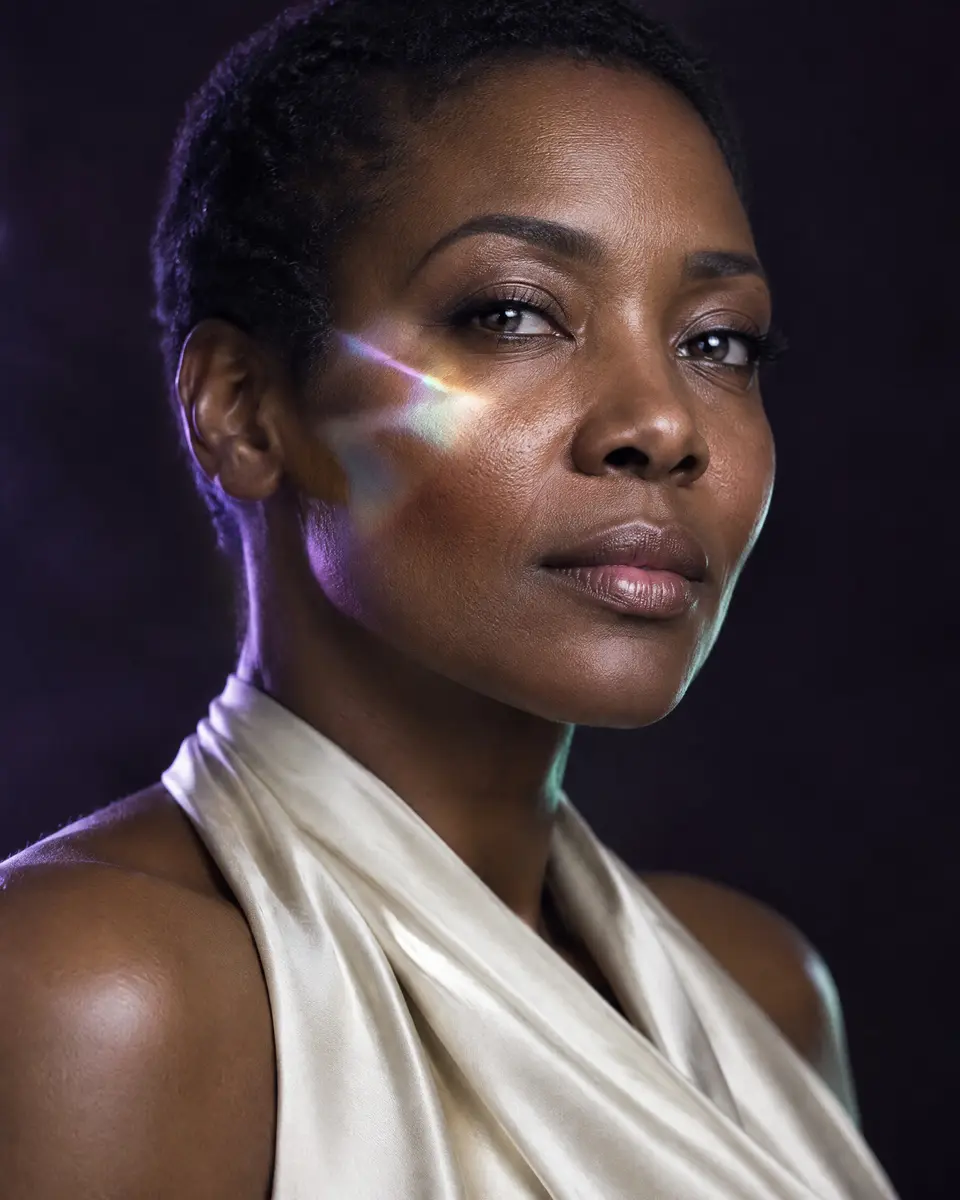 Portrait in violet light, a prism of colour across one cheekbone