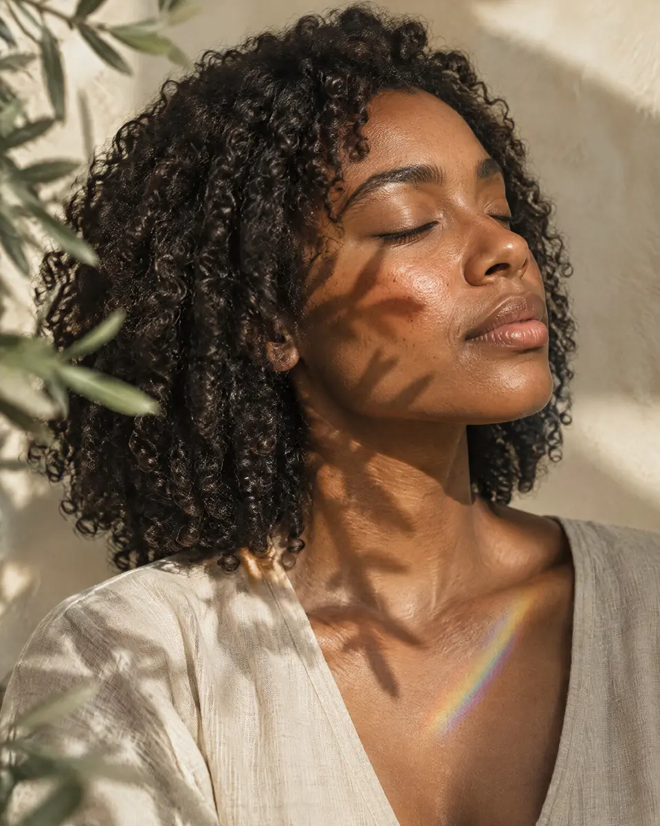 A woman with her eyes closed, face turned toward warm window light and leaf shadow