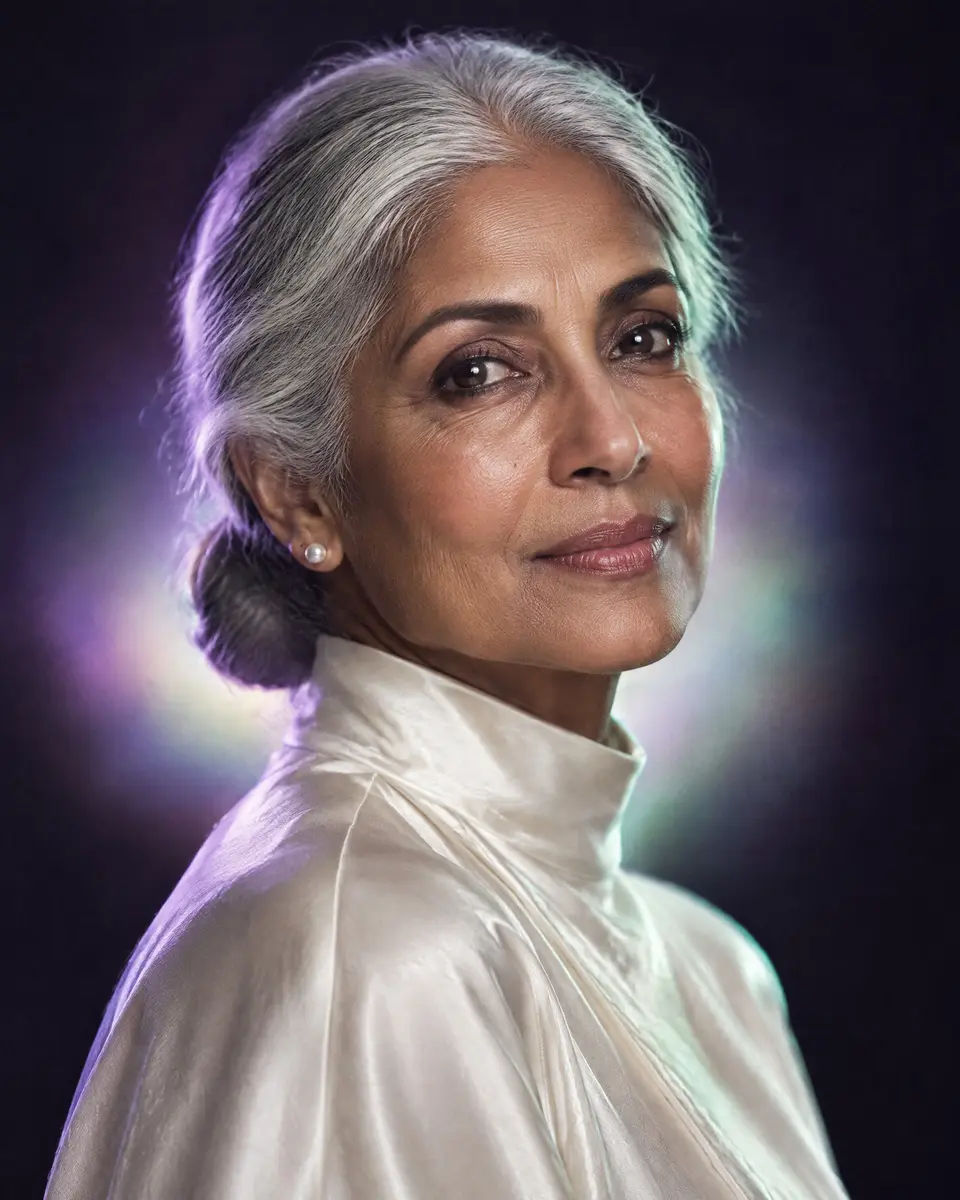Portrait of a woman with silver hair in a soft pearl glow