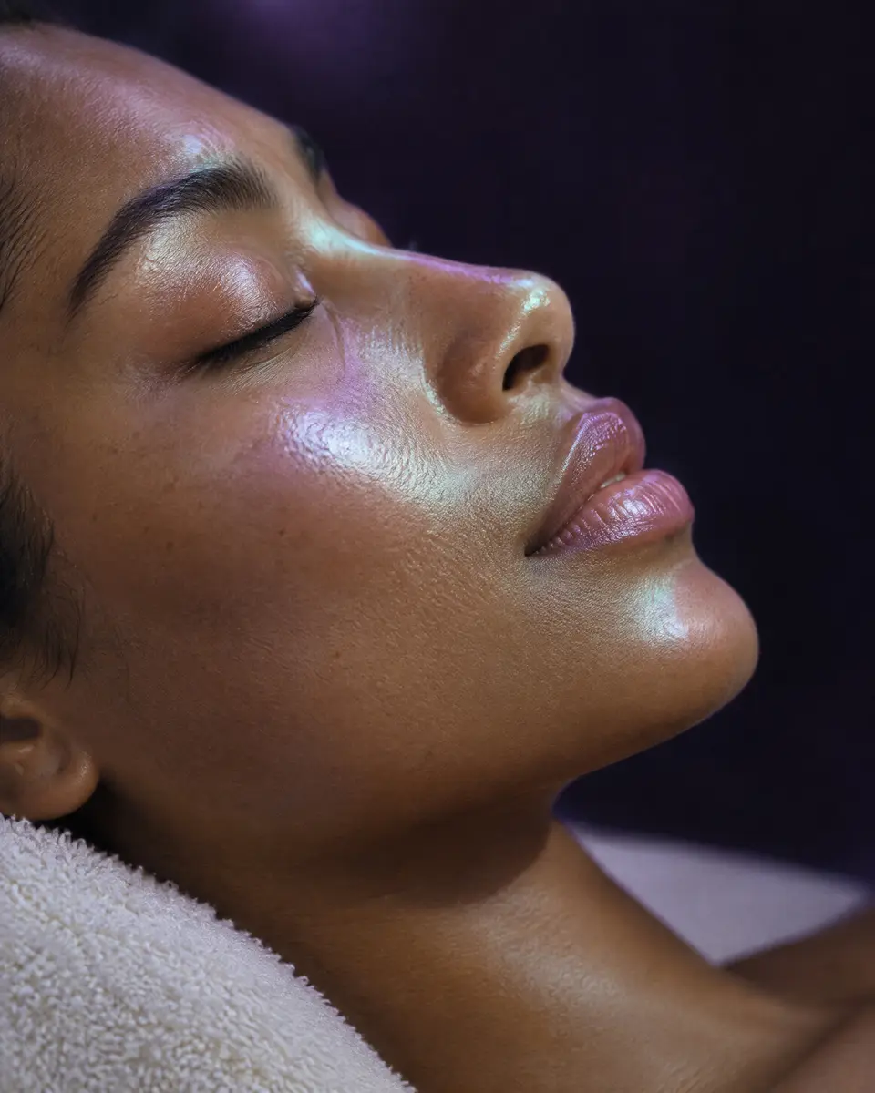 Profile resting on an ivory towel in soft lavender light