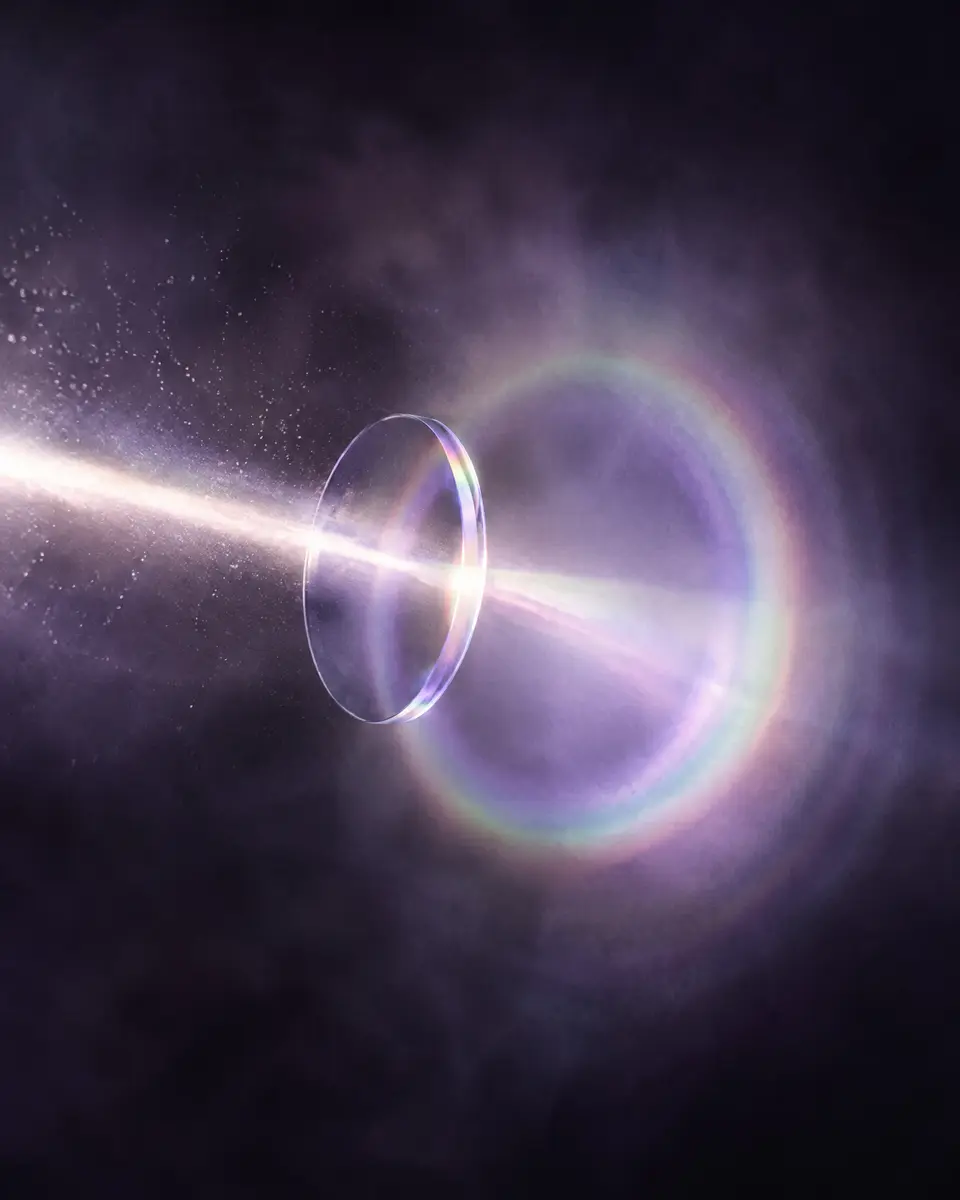 A beam of light through haze and a glass lens