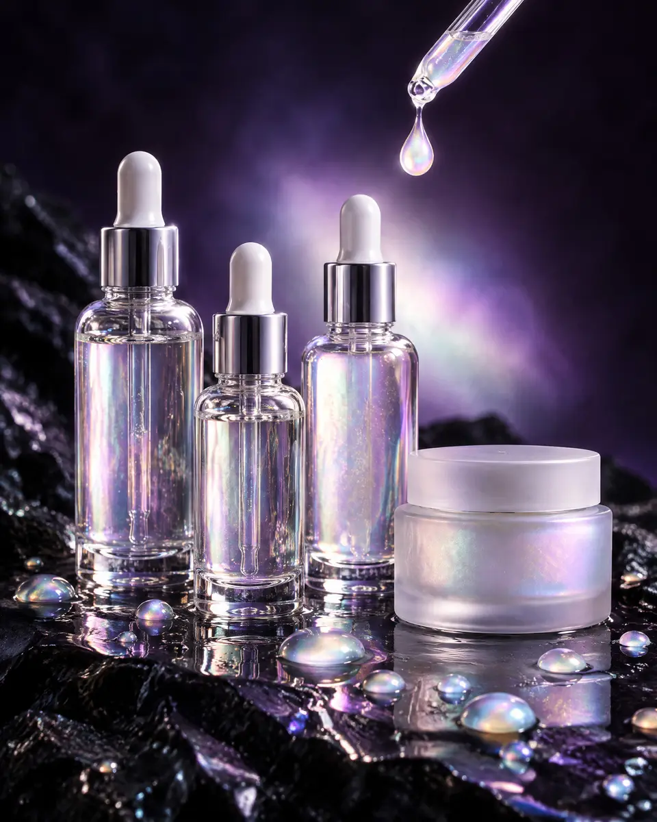 Blank glass dropper bottles on dark stone, one drop falling