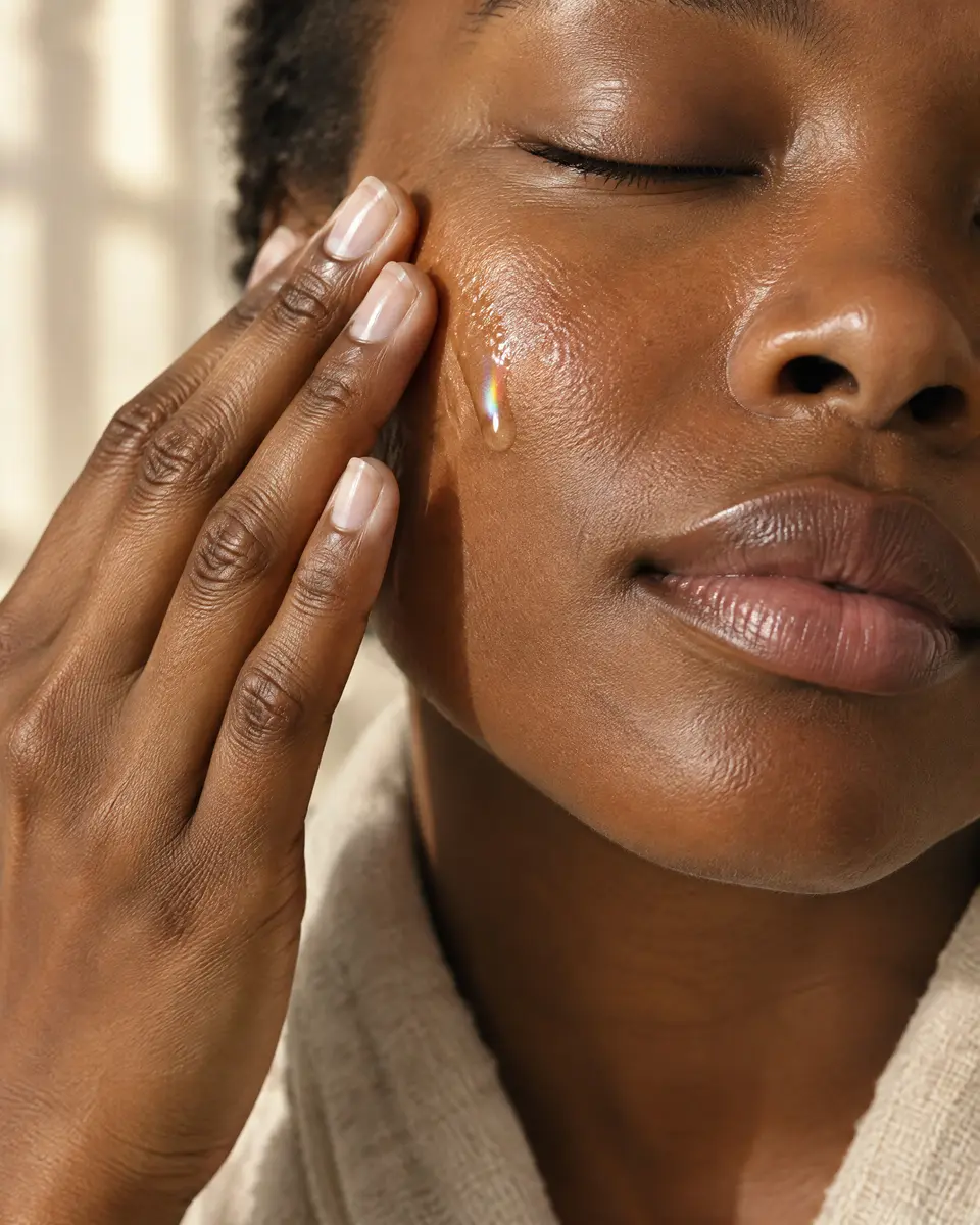 Fingertips pressing clear serum into the skin of a cheek
